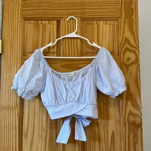 Altar’d State - Blue and White Stripe, Puff Sleeve Tie Back Cropped Top - Size L